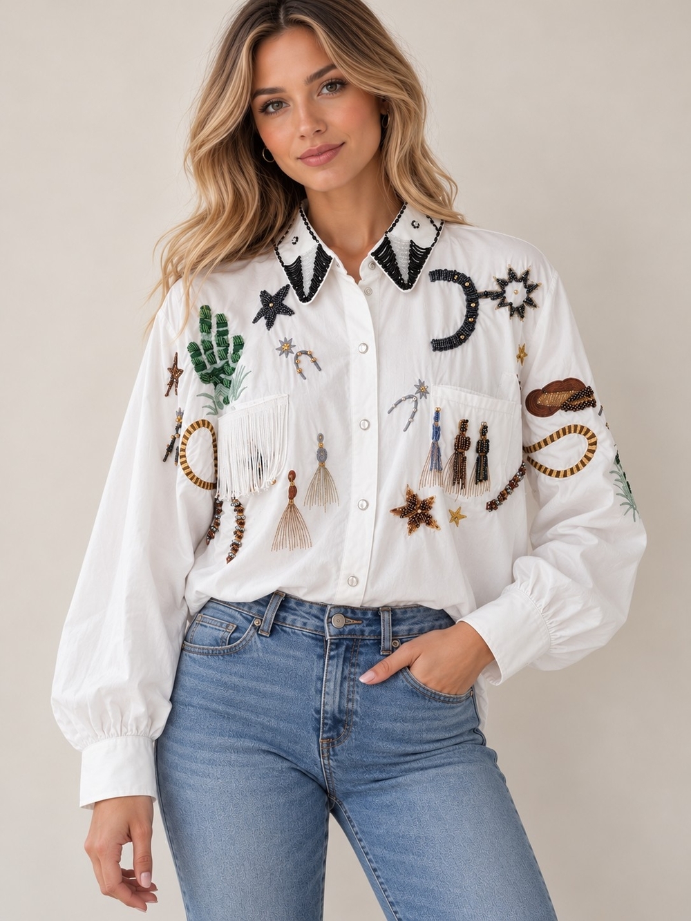 Della Roufogali Embroidered/Beaded White Button-Up Shirt